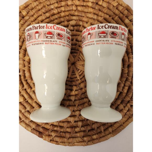 Vintage Ice Cream Parlor Set Of 2 Milk Shake Cups Glasses Tall Footed 6" Multi - Picture 4 of 9